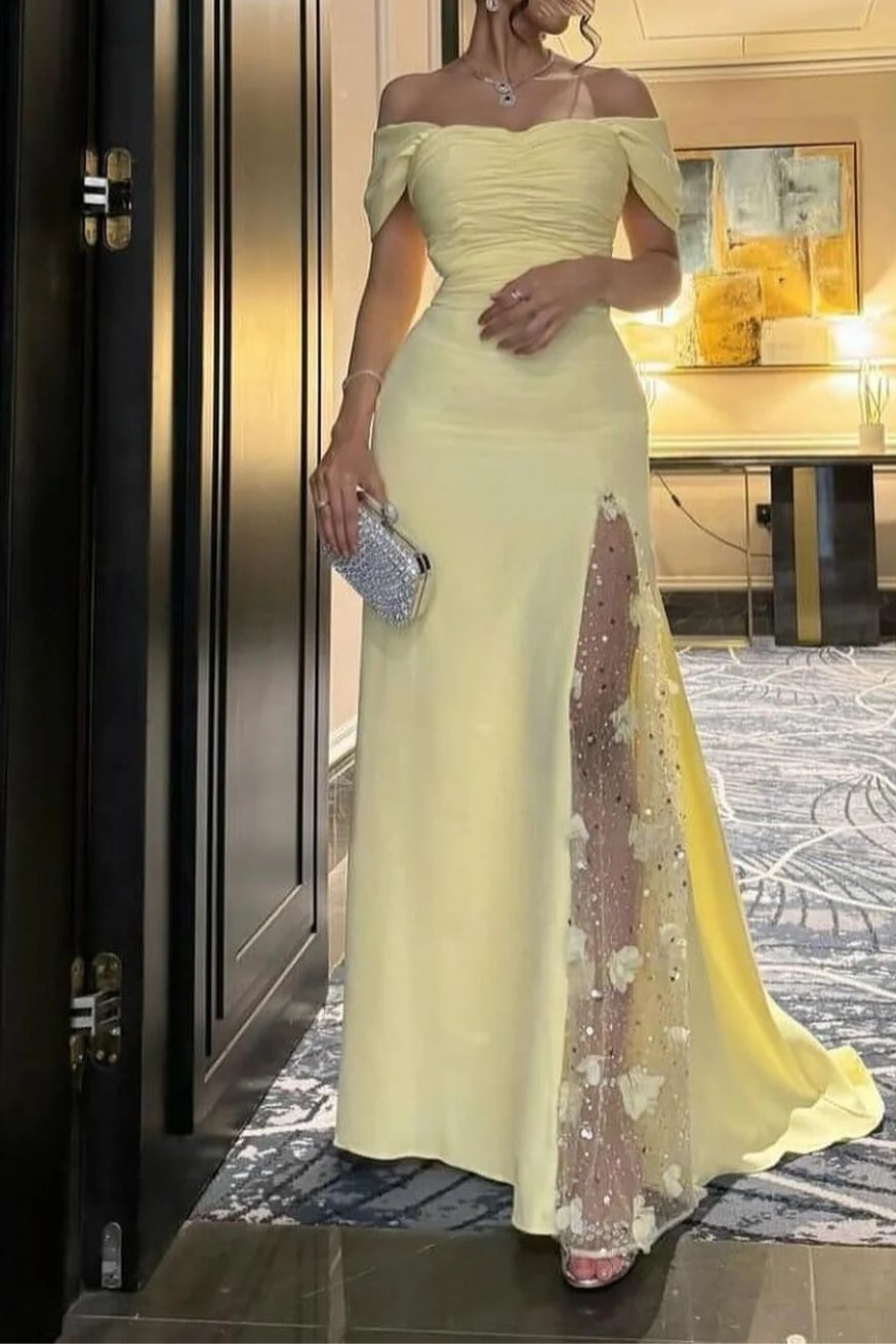 Weitese Dress Elegant Mermaid Off the Shoulder Yellow Party Dress with Split Front